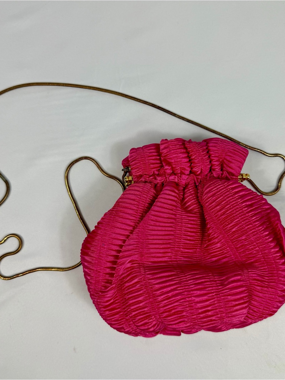 Bechamel Hot Pink Ruched Satin Evening Bag Gold Chain Crossbody Purse